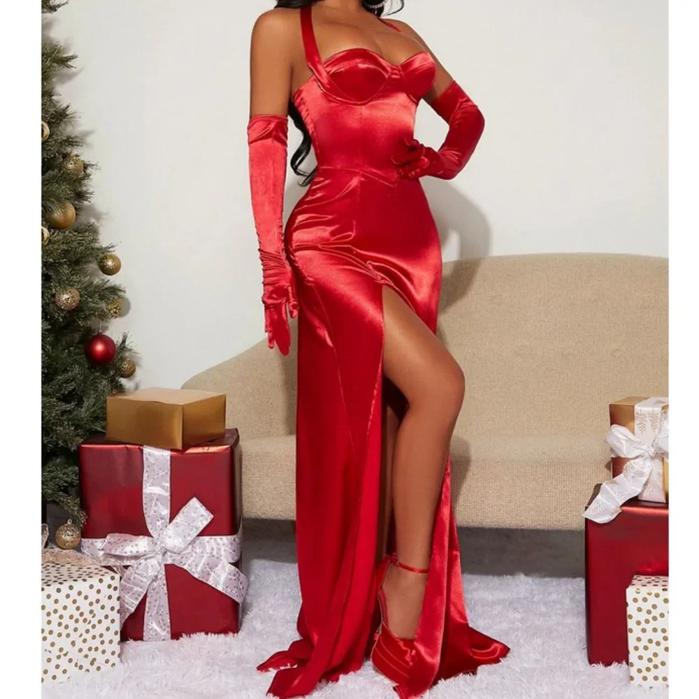 red satin backless split thigh tie halter dress & gloves festive sexy holiday - Picture 1 of 5